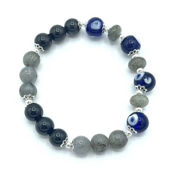 Hand Crafted Jewelry - Crystal beaded stretch bracelet ONE NEW evil eye silver obsidian labradorite rei